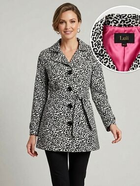 Leopard-Print Luii Belted Peacoat with Pink Lining Size L Jacket